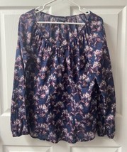 Lucky Brand Top Womens Small Blue Purple Floral Round Neck Keyhole Long ... - £11.90 GBP