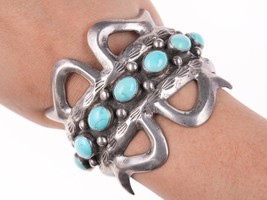 6 3/8&quot; Large vintage Navajo silver tufa cast bracelet with turquoise - £461.27 GBP