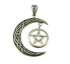 Handcrafted Solid 925 Sterling Silver Pentacle in Celtic Crescent Moon Pendant - £34.01 GBP
