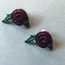 Sparkly Hot Pink Rose Flower w Green Leaves &amp; Rhinestone Accents Black Enamel  - £10.35 GBP