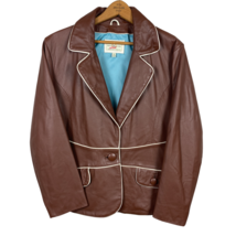 Wilsons Leather Jacket Womens Large Brown V-Neck 1-Button White Piping Retro - £43.00 GBP