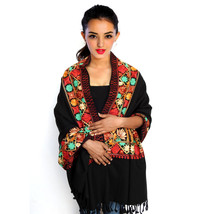 Women Aari Kashmiri Black Stole Multi Flower Embroidered Wool Shawl Cash... - £62.16 GBP
