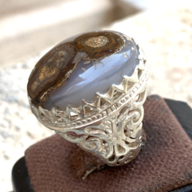 Huge 925 sterling Silver mens ring Natural Yemen Agate Aqeeq خاتم عقيق داودي - £196.26 GBP