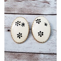Vintage Clip On Earrings - Large Oval Cream with Black Flowers - $14.99