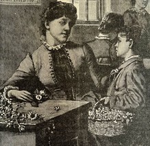 Collecting Flowers Mother Daughter 1892 Victorian Art Woodcut Printing DWY10A - £23.52 GBP