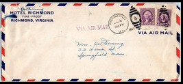 1937 US Air Mail Cover -Hotel Richmond, Richmond, Virginia to Springfield, MA M2 - £2.32 GBP