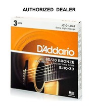 3 Sets D&#39;Addario EJ10 80/20 Bronze Acoustic Guitar Strings 10-47 X Light EJ10-3D - £30.36 GBP