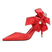 Fashion High Heels 7cm/10cm Bow Pearl Satin Party Wedding Stiletto Heels Shoes W - £51.15 GBP