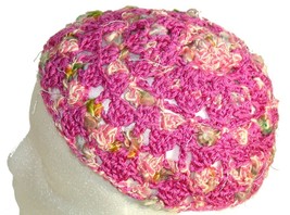 Pink Crochet Beanie Hat with touch of green - £9.42 GBP