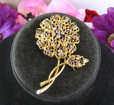 Hollycraft Vintage Flower Brooch Purple Lavender Rhinestones Goldtone 2 3/4&quot; - $37.61