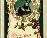 Happy New Year To You Windmill Scene Agrifoglio Goffrato Dorato 1912 DB ... - $6.09