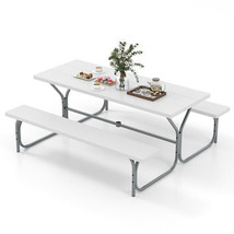 6 FT Picnic Table Bench Set Dining Table and 2 Benches with Metal Frame and HDPE - £283.37 GBP