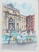 Vintage Watercolor Print Roma Piazza Trevi Fountain Framed - £39.56 GBP