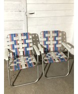 Set of 2 - Vintage Blue Pink Webbed Aluminum Folding Lawn Patio Chairs -... - $1,845.66 MXN
