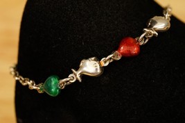 Sterling Silver 925 Jewelry Bracelet Whale &amp; Red Heart Green Enamel Links 7&quot; - £22.94 GBP