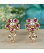 Natural Pearl and Ruby Vintage Style Floral Stud Earrings in Solid 9K Gold - £359.26 GBP
