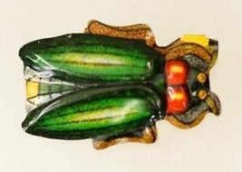 Vintage Costume Jewelry Japan Tin Litho Green Beetle Insect Brooch Pin - $12.78