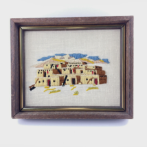 Finished Crewel on Linen Pueblo Houses Mountains 9.75x11.75 Wood Frame - £23.18 GBP