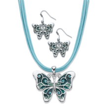 Blue Crystal Enamel Silvertone Butterfly Drop Earring And Necklace Blue Leather - £39.86 GBP