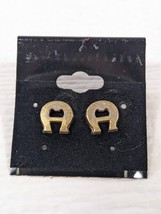 Vintage Etienne Aigner Earrings Lucky Horseshoe Gold tone Charm Logo stud - £26.64 GBP