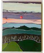 Original painting of a sun setting over a mountain landscape. Handmade a... - $375.00