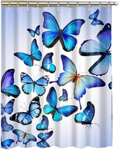 Blue Butterfly Pattern Waterproof Bath Shower Curtains Fabrics Curtain with Free - £23.19 GBP