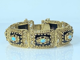 Revival 14k Gold Fiery Opal Onyx Filigree Bangle Bracelet 45.6g 7.25&quot; JR7938 - £1,990.41 GBP