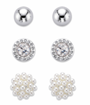 SIMULATED PEARL AND CRYSTAL 3 PAIR STUD EARRING SET SILVERTONE - $79.99