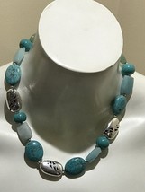 Beautful Faux Turquoise Silver Tone Filigree Metal Beads Necklace 18” - £13.57 GBP