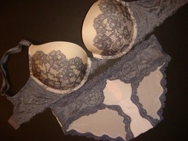 Victoria&#39;s Secret Push Up 32DD Bra Set Panty White Gray Lace Print Dream Angels - £47.58 GBP