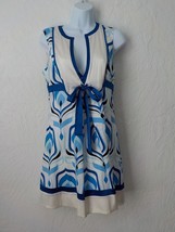 Bebe Fit Flare VNeck Dress Women Small White Blue Geometric Bow Sleevele... - £23.34 GBP