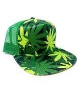 MARIJUANA WEED LEAF CANNABIS PRINT GREEN MESH TRUCKER FLAT BILL SNAPBACK... - €16,28 EUR