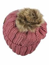 Mauve - BeanieThick Cable Knit Faux Fuzzy Fur Pom Fleece - £30.01 GBP