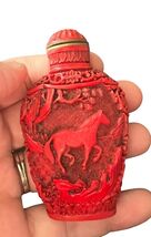 Antique Chinese Red Cinnabar Snuff Bottle Hand Carved Horse Floral Marked - $54.70