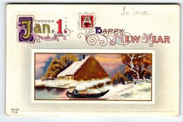 New Year Postcard Jan 1 Nash Series NY42 Canoe Boat Rustic Cabin Winter Snow - $7.20