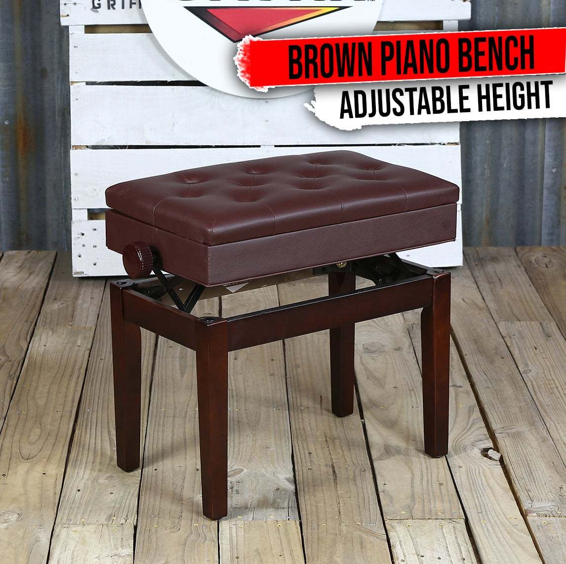 Adjustable Piano Brown PU Leather Bench by GRIFFIN | Vintage Stylish Design, Hea