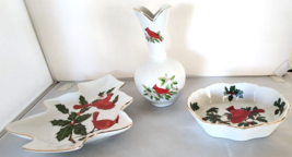 Lefton Cardinal Christmas 3 Piece Tree Shaped Dish, Bud Vase, Soap /Cand... - $37.40