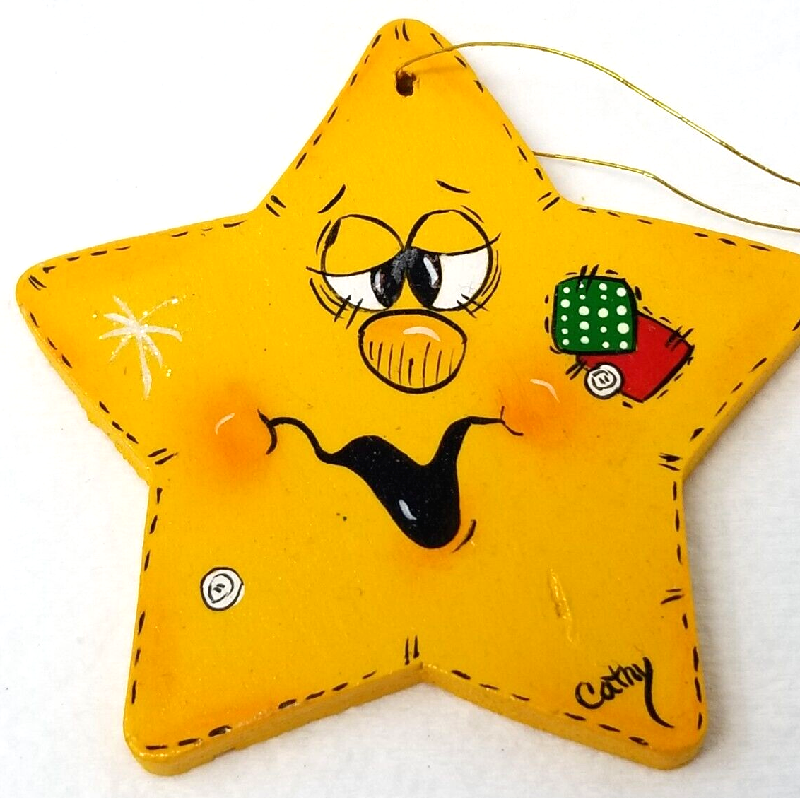 Primary image for Drunk Chubby Star Christmas Ornament Yellow Wood Cathy Vintage