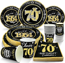 70Th Birthday Decorations Plates and Napkins Black and Gold, Service for... - £27.84 GBP