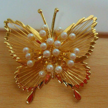 Vintage Signed Monet Gold-tone Wired Filigree Faux Pearl Butterfly Brooch - £18.23 GBP