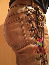 Mens Leather Jeans Pants Trouser 5 Pockets Cowhide Brown Breeches Side L... - $129.99