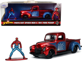 1941 Ford Pickup Truck Candy Red and Blue and Proto-Suit Spider-Man Diecast Figu - £20.20 GBP