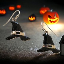 Black Witch Hat Enameled Earrings Halloween Silver Tone Dangle Witchcore... - $14.83