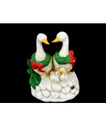 Ceramic Holiday Figurine, Pair of Geese w/Goslings, Wearing Wreaths &amp; Ri... - £11.50 GBP