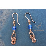 Handmade copper earrings: blue bicone crystal with double spiral dangle - £19.65 GBP