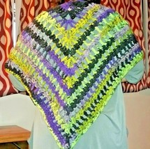 Crocheted blanket shawl/ scarf Purples, Green, Black Open Knit HandMade - £17.85 GBP