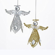 Kurt Adler Set Of 2 SILVER/GOLD Glitter Metal Angel Xmas Ornaments w/GEMSTONES - £13.27 GBP