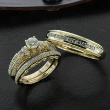 14K Yellow Gold Over Diamond Wedding Trio Set His &amp; Her Bridal Engagement Ring - £82.90 GBP