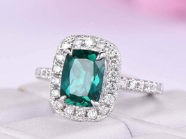 4Ct Cushion Cut Green Emerald Halo Engagement Ring In 14K White Gold Finish - £60.09 GBP