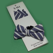 XMI Bow Tie And Pocket Square Set 100% Cotton Ready To Wear White Blue Stripes - £18.72 GBP